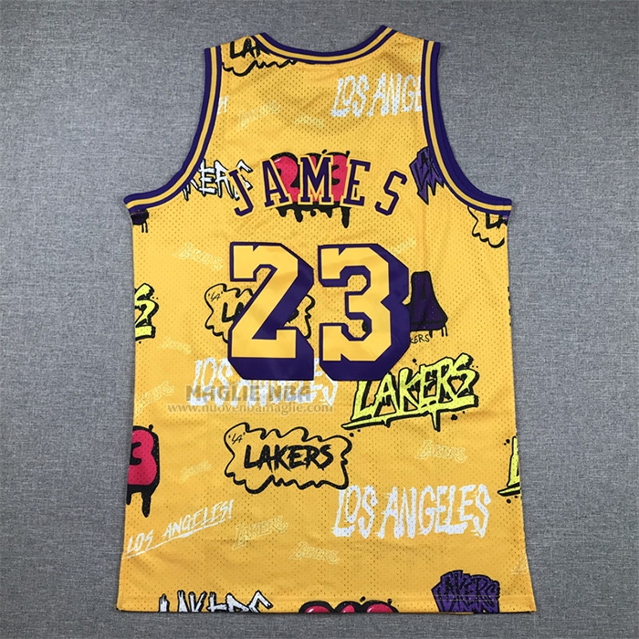 Maglia
 LeBron James NO 23 Los Angeles Lakers Mitchell & Ness Slap Sticker 2018-19 Giallo
